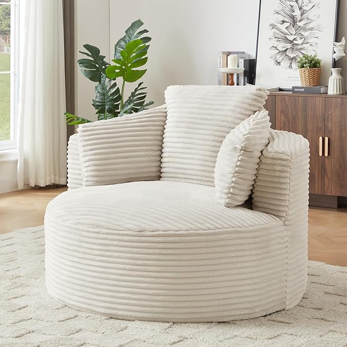 Oversized Round Chair 48W Corduroy Comfy Circle Armchair with Deep Seat &amp 3 Pillows Upholstered Floor Boneless Chair Fluffy Modern Cozy Sofa Chairs for Living Room Bedroom Apartment(White)