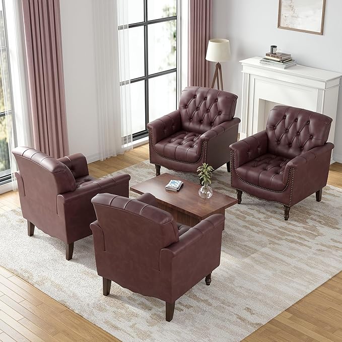 Faux Leather Accent Chairs Set of 4 Modern Armchair Club Chair with Nailhead Trims &amp Wood Legs for Living Room Upholstered Comfy Arm Chair Side Chair for Office Bedroom-Dark Red
