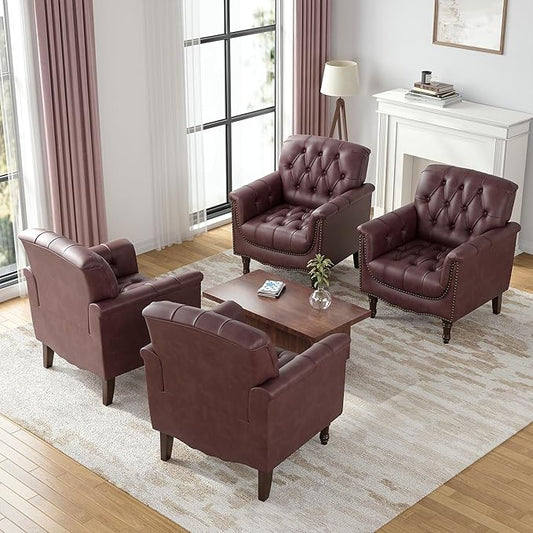Faux Leather Accent Chairs Set of 4 Modern Armchair Club Chair with Nailhead Trims &amp Wood Legs for Living Room Upholstered Comfy Arm Chair Side Chair for Office Bedroom-Dark Red
