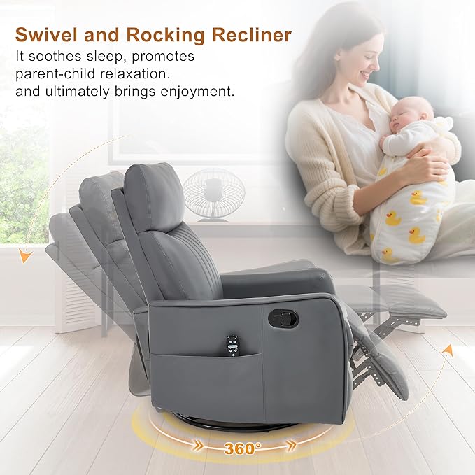 Manual Swivel Rocker Recliner Chair for Adults Overstuffed Recliner Glider with Massage and Heat Living Room Reclining Chair PU Leather Gray