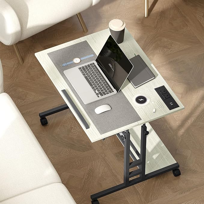 HOMCOM Height Adjustable Standing Desk with Power Outlets Stand Up Desk with Tiltable Tabletop Lockable Wheels Bottom Shelf Rolling Workstation for Home Office Oak
