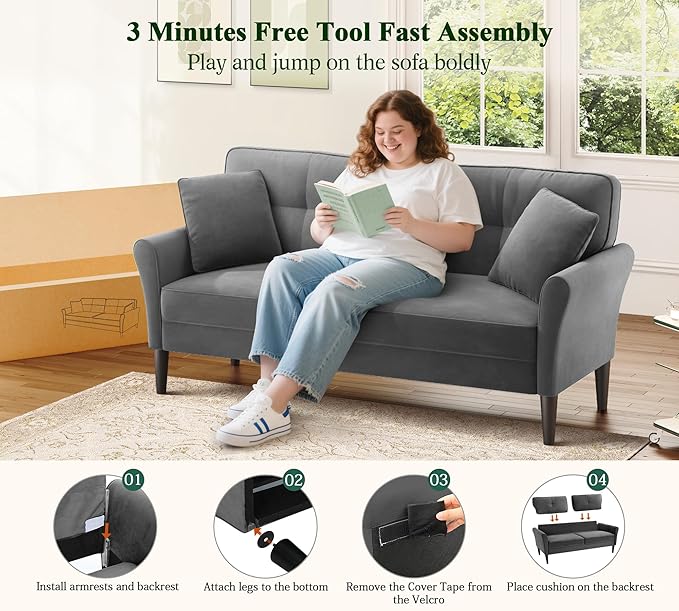 Loveseat Sofa 69 Love Seat Couches Comfy Velvet Small Sofa Couch for Bedroom with 2 Pillows Tool-Free Setup Sofas &amp Couches 700lb Load Sofas for Living Room Mini Couch for Bedroom Grey Couc