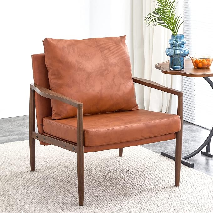 PU Leather Accent Arm Chair Mid Century Modern Upholstered Armchair with Imitation Solid Wood Walnut Color Metal Frame Extra Thick Padded Backrest and Seat Cushion Sofa Chairs for Living Room