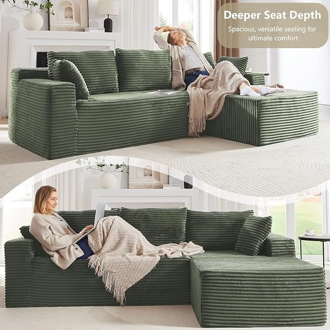 103 Cloud Sectional Couch with Chaise Lounge L Shaped Modular Modern Sofa Comfy Corduroy Fluffy Sofa with Deep Seat No Assembly Required Foam Couch for Living Room(Green Right Facing Chaise)