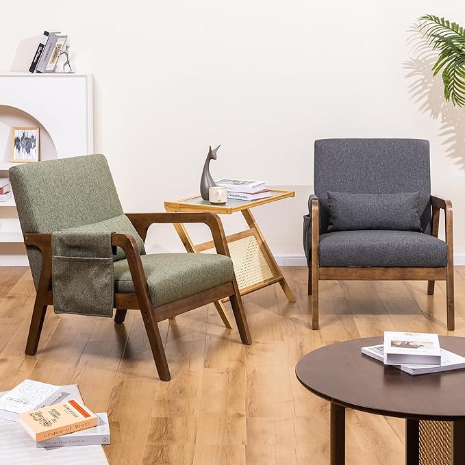 Accent Chairs Set of 2 Mid-Century Modern Chair with Side Pocket Lounge Armchair with Lumbar Pillow &amp Solid Wood Frame for Living Room Balcony Bedroom