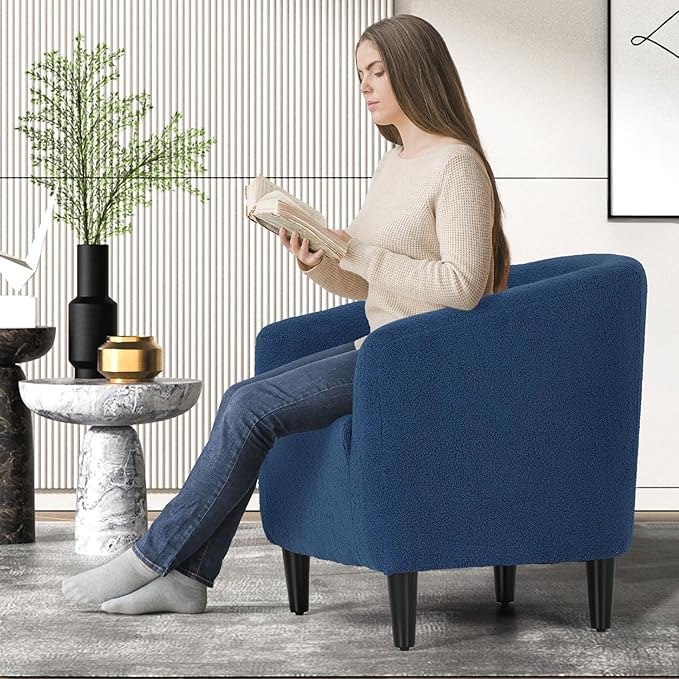 MoNiBloom Accent Barrel Chair Boucle Fabric Accent Chair Modern Sherpa Elegant Armchair with Cozy Soft Padded 300lbs Capacity Compact Sofa Chair for Living Room Bedroom Office Navy Blue