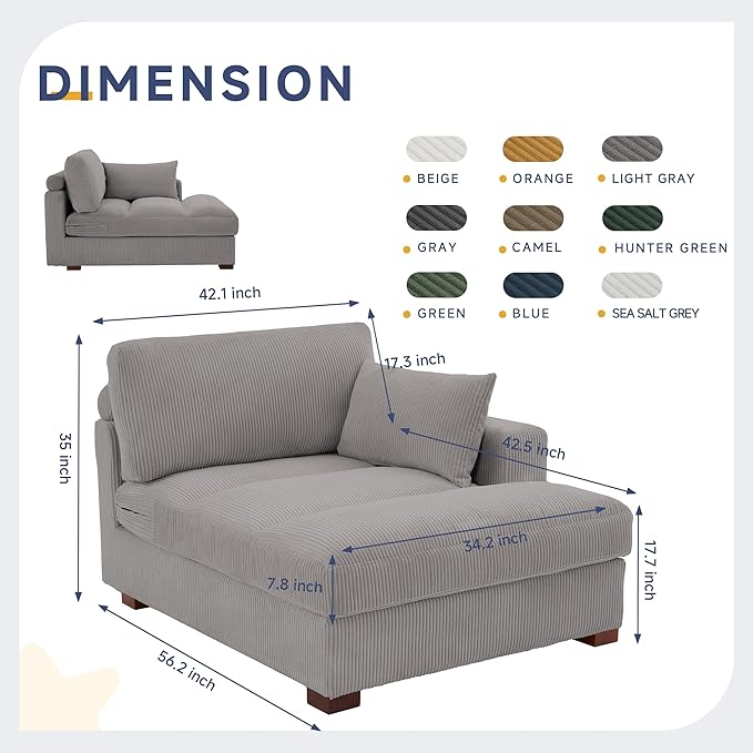 Chaise Lounge Indoor Upholstered Corduroy Sofa Counch with Left Armrest for Living Room Oversized Sleeper Sofa Bed with Pillows for Bedroom Apartment-Light Gray