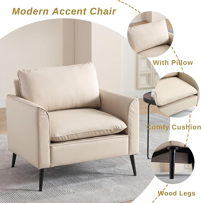 Modern Accent Chair Set of 2Comfy Reading Accent Chairs Sofa ChairsUpholstered PU Faux Leather Armchair with Wood Legs for Living RoomBedroomBeige