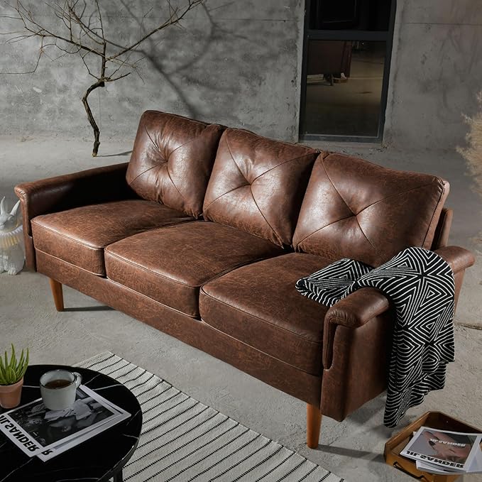HOOOWOOO 72 Faux Leather Couch Small Sofa Living Room Couch 3 Seater Sofa Modern with Button Tufted Back Cushioned Square Arm for Small Bedroom ApartmentDark Brown