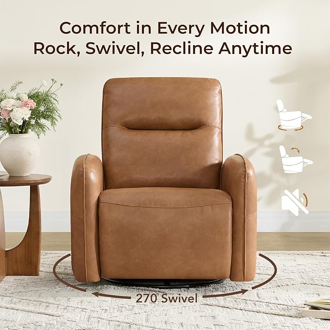 CHITA Faux Leather Power Recliner Chair Swivel Glider Recliner for Adults Nursery Rocking Chair with USB &amp Type-C Charging for Living Room Bedroom Camel