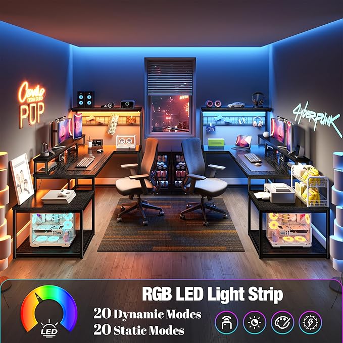 EnHomee 56 Medium L Shaped Gaming Desk with LED &amp Power OutletsComputer Desk with Monitor Stand &amp Print Stand for Home OfficeReversible Corner Gaming Table with Storage Shelf &amp HooksBl