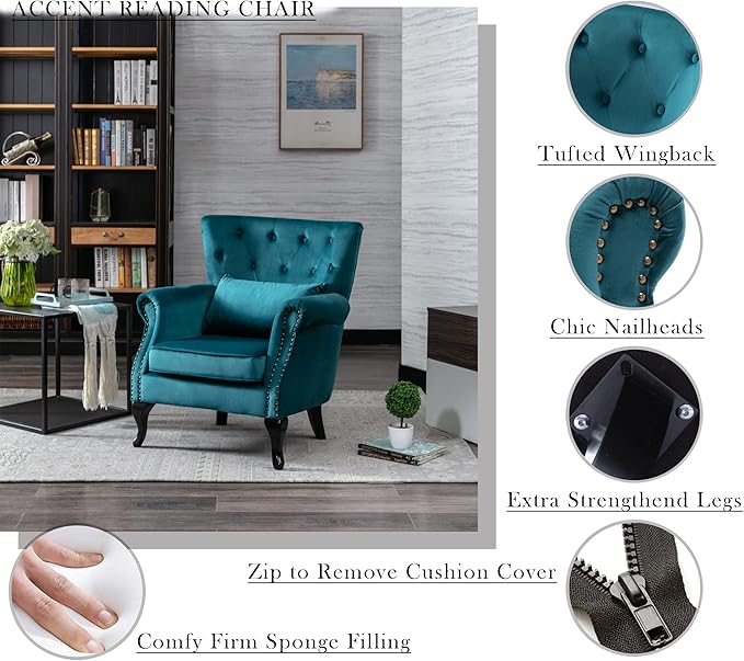 Mid Century Modern Accent Chair Upholstered Armchair Comfy Velvet Fabric Single Sofa with Tufted Wingback for Small Spaces Bedroom Living Room Teal