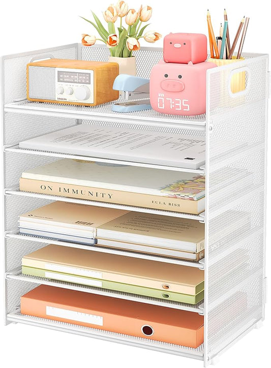 Subekyu 6 Tier Paper Organizer for Desk with Handle Metal Mesh Desk Office File Folder Paper Letter Tray Accessories Organizer Sorter for Home School Office Desktop Document Organization - White