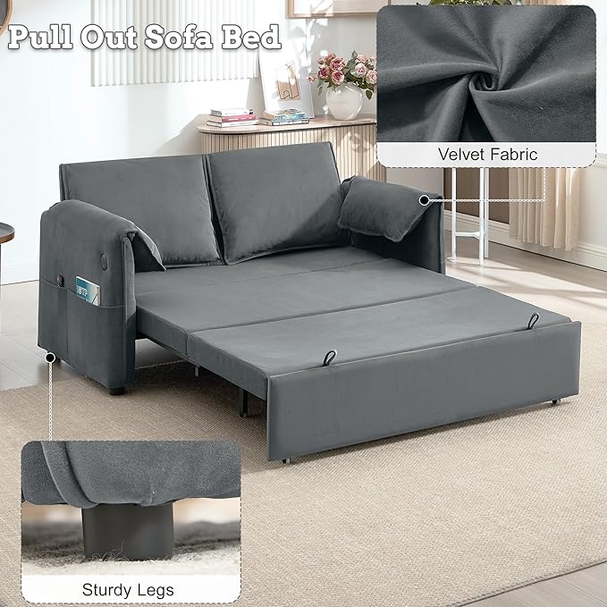 63 Velvet Pull Out Sofa Bed 3-in-1 Convertible Futon Loveseat Queen Sleeper Sofa Couch Bed with Adjustable Backrest USB Ports &amp Side Pockets Modern Sofas for Living Room Apartment Light Grey