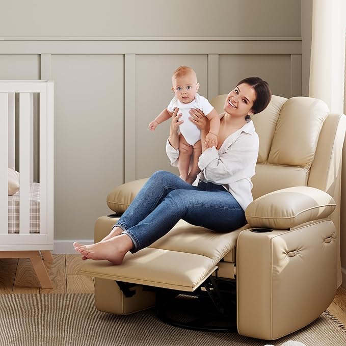 22 Wide Electric Recliner Chair for Adults Swivel Rocking Recliner with Massage &amp Heat PU Leather Lounge Chair with Remote and Cup Holders for Living Room Nursery Bedroom Beige