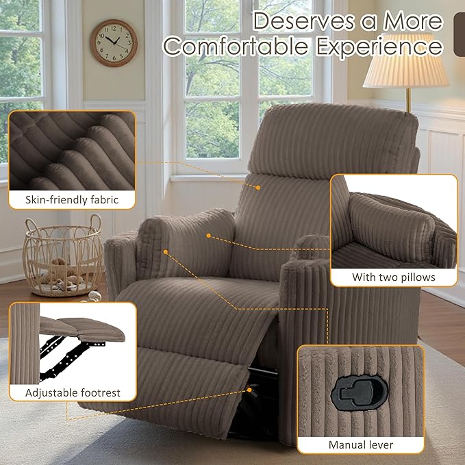 Nursery Rocking Chairs Comfy High Back 360 Swivel Rocker Recliner with 2 Pillows Glider Recliner Nursery Chair for Adults Small Spaces Nursing Bedroom Living Room Brown