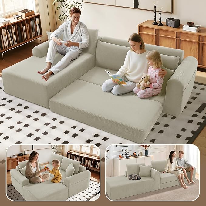 KBQ Modular Sectional Couch in a Box 103 L Shaped Boneless Cloud Couch with Deep Seat Convertible Sofa Bed for Living Room Bedroom Apartments No Assembly Required Beige Left Facing Chaise
