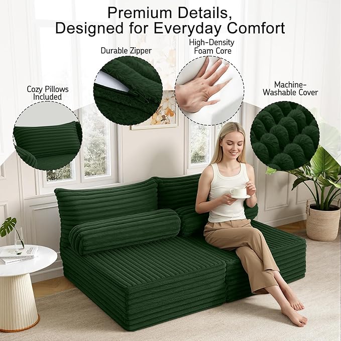 MeMoreCool Convertible Sofa Bed Folding Floor Couch Bed Queen Pull Out Sleeper Couch with Pillows Fold Out Futon Sofa for Bedroom Living Room Small Space Corduroy Green