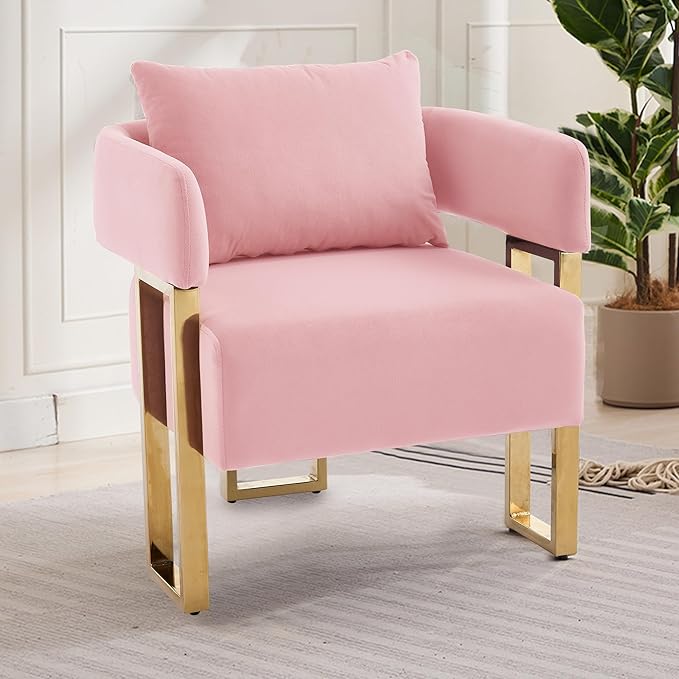 YITAI Modern Accent Chairs no Wheels Living Room Side Chairs Set of 2 with Golden Metal Legs Barrel Soft Velvet Upholstered Reading Armchairs for OfficeReception RoomBedroomLoungePink