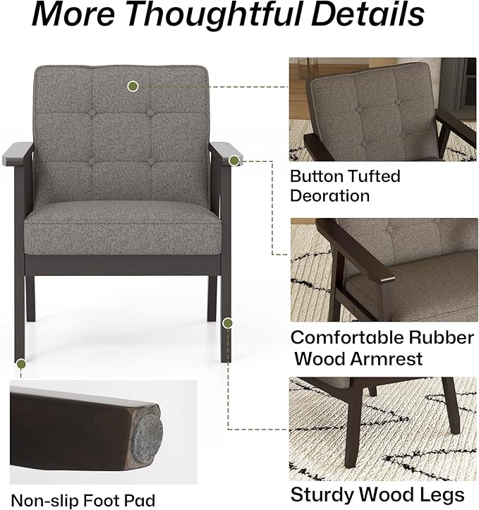 Modern Accent Chair with Arm Rest Upholstered Linen Fabric Leisure Chair Comfy Side Chair with Backrest Button and Wooden Frame for Living Room Bedroom Reading(Gray)