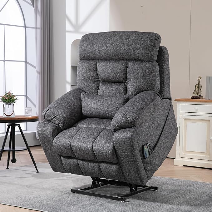 4-Motor Lay Flat Power Lift Recliner Chair with Heat &amp Massage - Power Adjustable Headrest Backrest Lumbar &amp Legrest - Big Tall Recliners 4-Point Massage (Seat Heating)