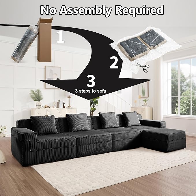 153.5 Boneless Sofa with Ottoman L-Shape Corduroy Fabric Sectional Couch Couch in a Box for Living RoomNo Assembly Required
