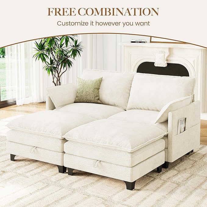72 Loveseat Modular Sectional Sleeper Sofa Chenille Cloud Couch Bed with Storage Ottoman Modern Deep Seat Couches with Side Pocket for Living Room Bedroom and Apartment Beige