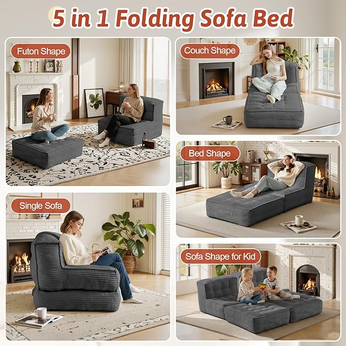 Folding Sofa Bed 5-in-1 Convertible Sleeper Reading Chair Corduroy Futon Sofa Bed Foldable Mattress with Back Support Portable Fold Out Chair Bed Comfy Floor Lounge for Living Room Bedroom