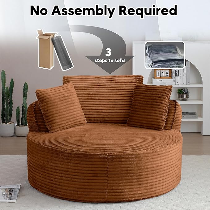 Oversized Round Chair Lounge Chaise Indoor 53.5 Corduroy Boneless Round Chair Fluffy Single Deep Seat Cloud Sofa Chairs Modern Circle Chaise Lounge for Bedroom Living Room Orange