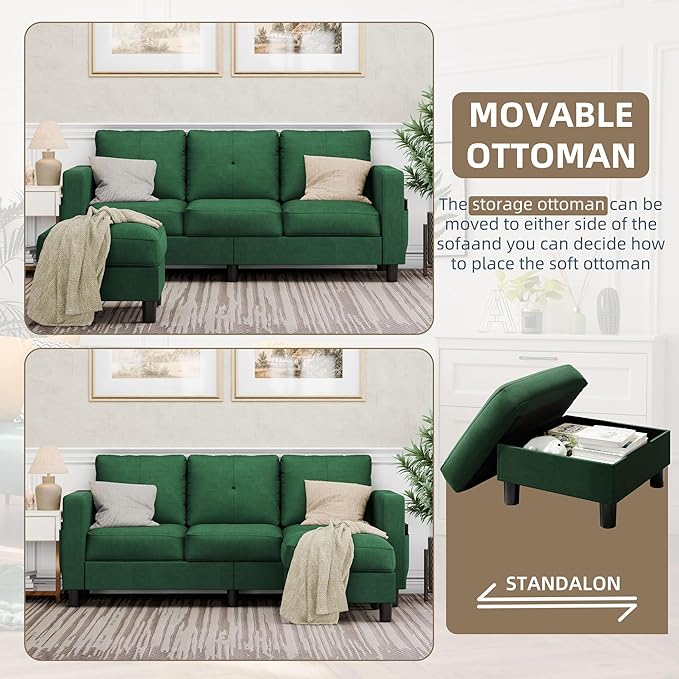 Nuturelly Sectional Sofa Couch Convertible L Shaped Sofas with Storage Ottoman Small Sectional Couches for Living Room 3 Seater Couch with Linen Fabric for Small Spaces Green