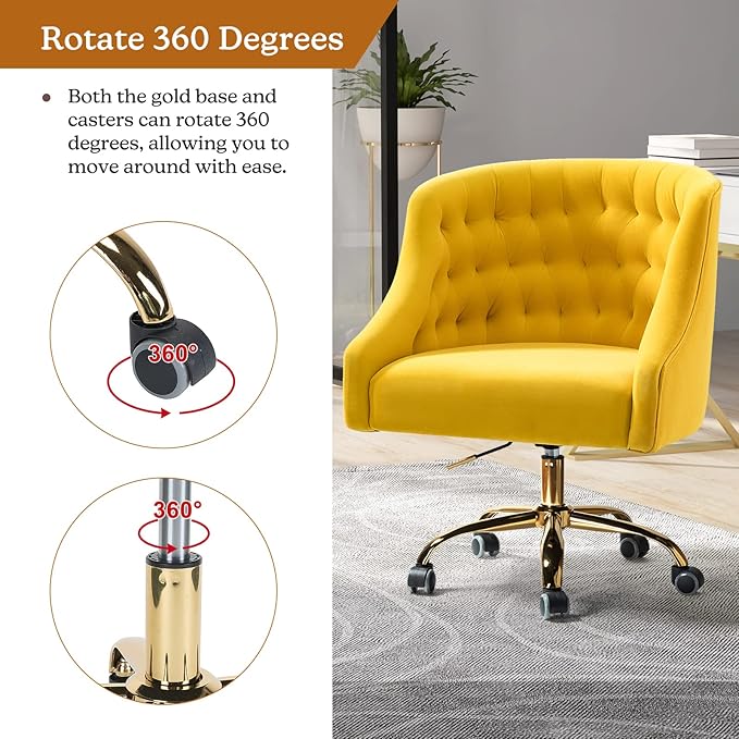 Velvet Home Office Chair with Gold Base Comfortable Modern Cute Desk Chair Adjustable Swivel Task Chair for Living Room Bedroom Vanity Study Yellow