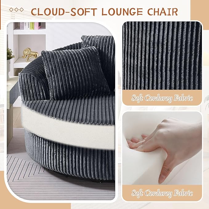 360 Degree Oversized Swivel Chair 50 Round Lounge Chair Modern Accent Circle Chair W/ 5 Pillows Upholstered Corduroy Sofa Chair for Living Room Bedroom Apartment Grey