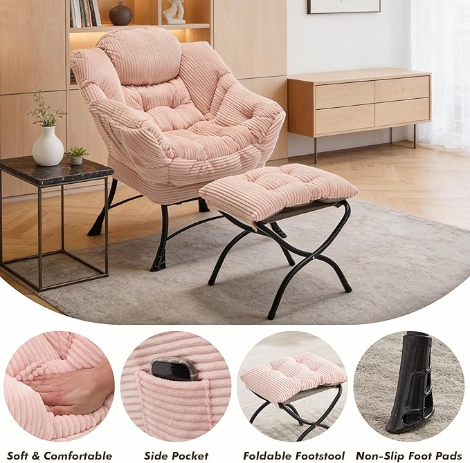 QQU Lazy Chair with Ottoman Corduroy Lounge Armchair Reading Chair with Footrest for Living Room Balcony Study (Pink)