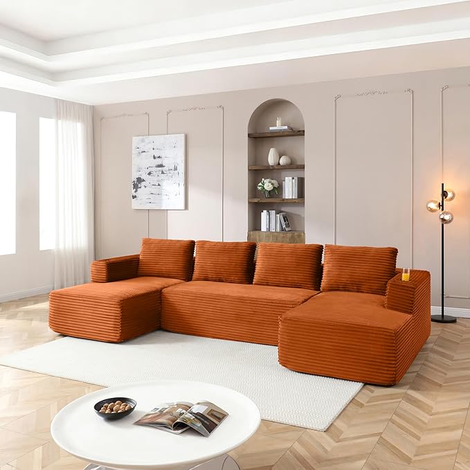 132” Oversized Modular Sectional Sofa Modern Comfy Corduroy U Shaped Couch with Cup Holders Boneless Compressed Memory Foam Cloud Couch for Living Room Office No Assembly Requiredm Orange