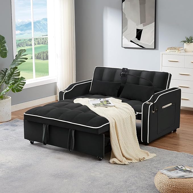JEEOEHY 3 in 1 Convertible Sleeper Sofa BedVelvet Pull Out Couch Bed w USB&ampType C PortComfy Futon Loveseat w Adjustable Backrest&ampPhone Stand&ampCup Holder for Living Room Apartment Small Sp