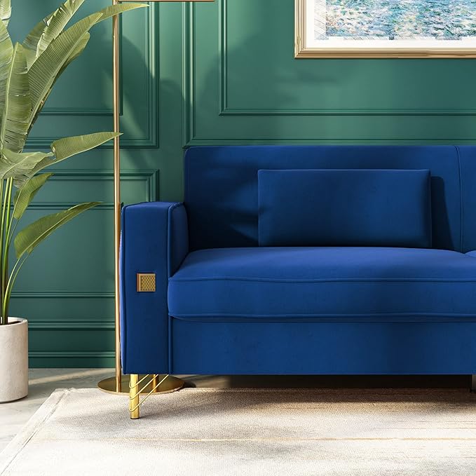 85 Velvet SofaMid-Century Modern Chesterfield 3 Seat Comfy Couch with Pillows Set of 2 for Living RoomBedroomApartment Furniture with Gold Metal Legs (P18-Blue)