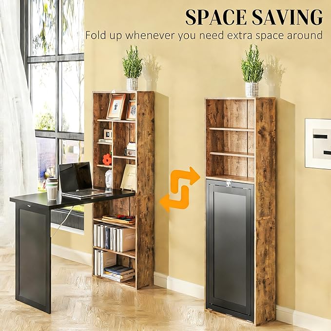 Folding Writing Desk with Storage Shelves Fold Out Convertible Wall Mounted Table with Blackboard Foldable Computer Murphy Desk for Small SpacesHome Office (Natural)