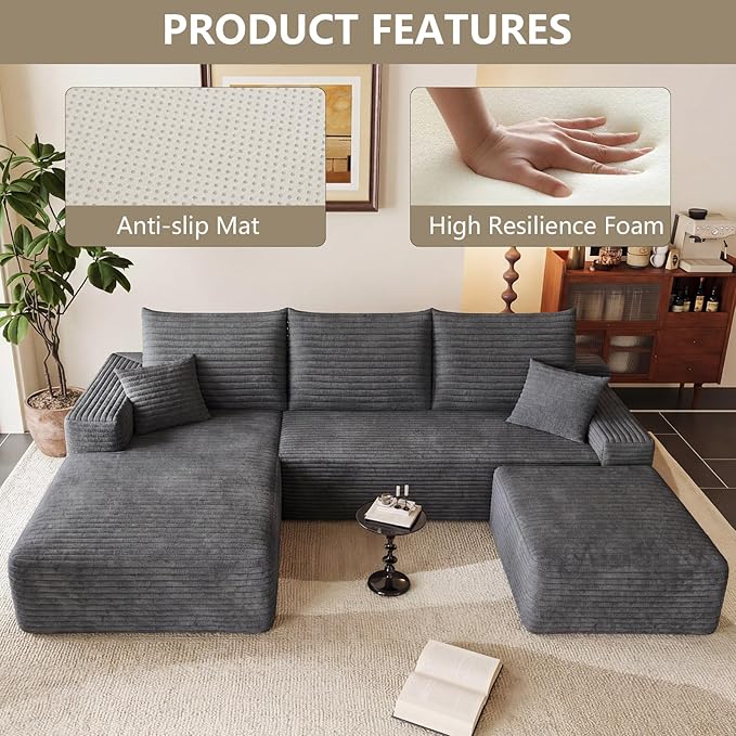 95 Modular Sectional Sofa Cloud Sectional Couch with Deep Seat Corduroy Boneless Couch with U Shaped Couch for Living Room No Assembly Required(Dark Gray Left Facing Chaise)