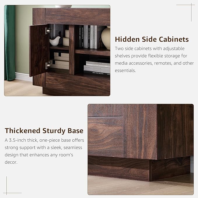 OKD Modern 70 TV Stand Entertainment Center for TVs Up to 80 Media Console with Large Open Storage &amp Side Cabinets Thick Wood Design for Living Room Dark Walnut