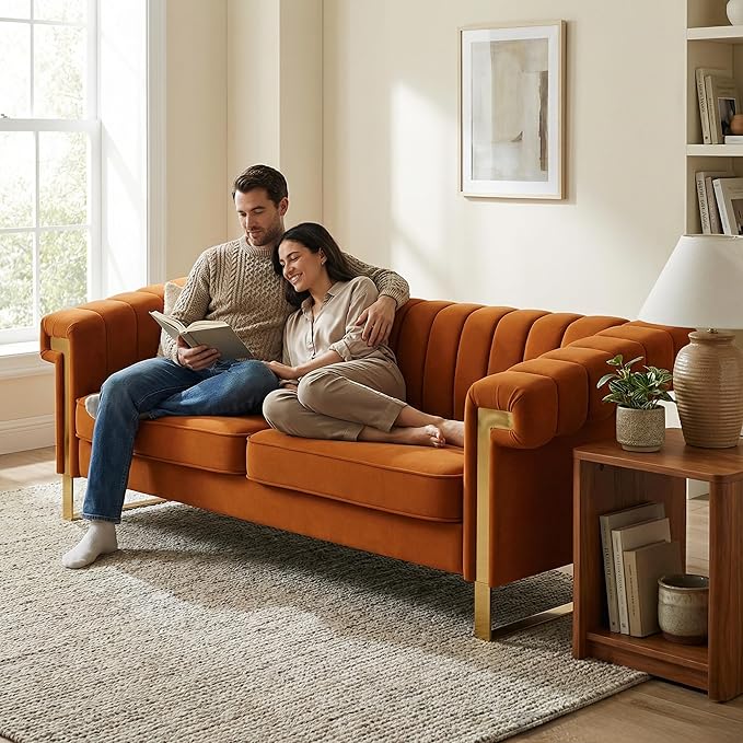 Luxury Velvet 3-Seater Sofa Mid-Century Modern Couch with Gold Metal Legs Waterfall Stitched Back Removable Cushions for Living Room Durable &amp Comfortable (Orange)