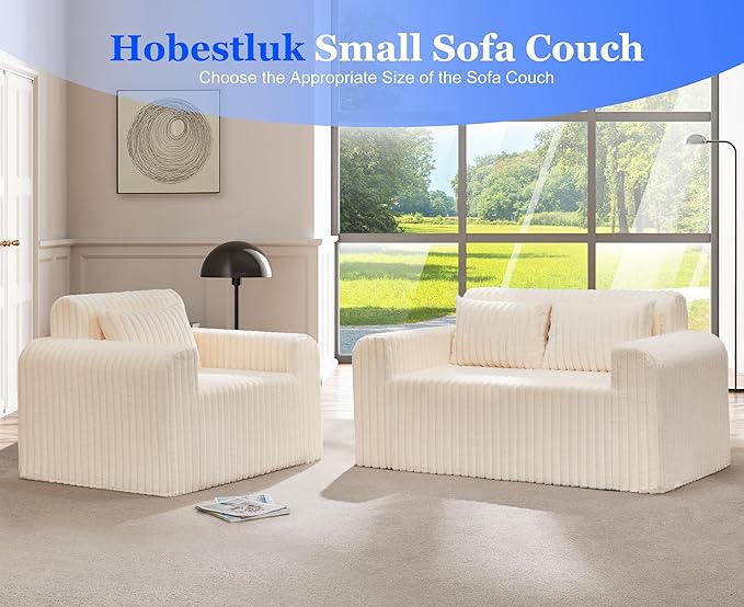 Hobestluk Couch Sofa 2-Seater Foam Sofa Loveseat for Small Spaces Comfy Sofas with Removable Cover Furry Couch with Pillows for Living Room Bedroom Apartment Office (White Loveseat)
