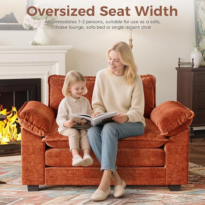 HUSFU 49.5'' W Oversized Accent Chair Chenille Cloud Sofa Chair with Deep Seat and Extra Wide Armrests Comfy Reading Armchair for Bedroom Living Room Terracotta Orange
