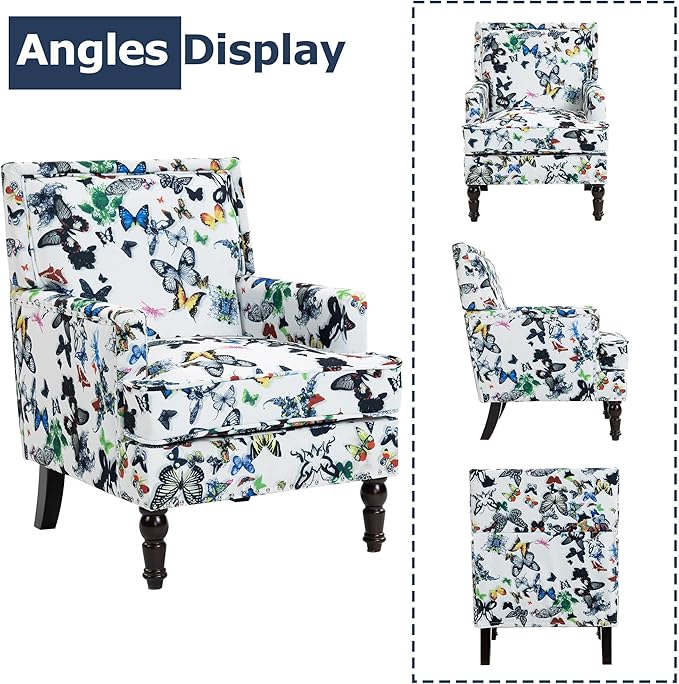 Accent Chair Modern Comfy Mid-Century Anthropologie Accent Chairs Linen Upholstered Wingback Lounge Arm Chair with Solid WoodSingle Floral Pattern Chair for Living Room/Balcony/Bedroom