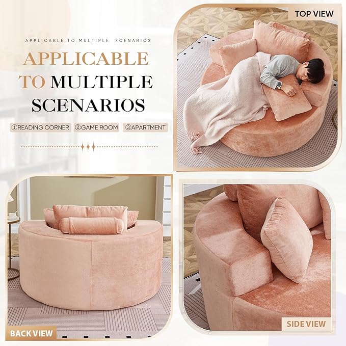 Modern Round Accent Sofa Chair for Living Room Upholstered Soft Terrycloth Barrel Lounge Arm Chair with Large seat&ampThrow Pillows for Bedroom Office Apartment Pink