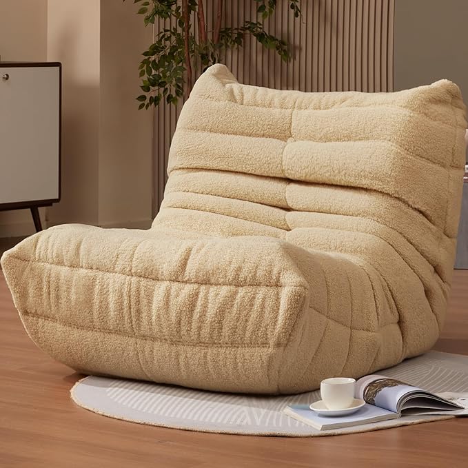 Bean Bag Chairs for Adults Giant Bean Bag Chair Memory Foam BeanBag Chair Bean Bag Sofa with Filler Faux Fur Fireside Beanbags Lazy Sofa for Living Room Bedroom Office (Khaki Teddy Single)