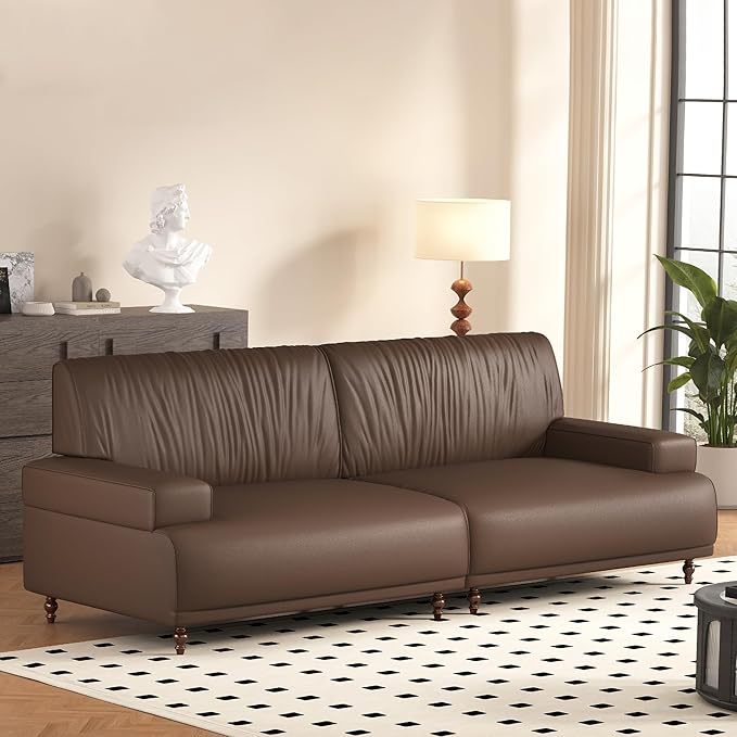 86.41 Mid-Century Modern Leather 3-Seater Couch Comfortable Sofa with Solid Wood Legs and Frame for Living Room Bedroom Apartment and OfficeBrown