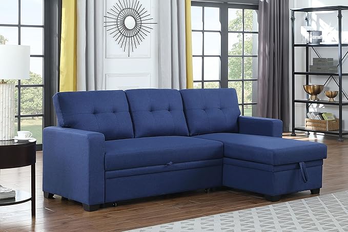 82 Convertible Sectional Sleeper Sofa with Storage Chaise L Shaped Pull Out Couch Bed with 3 Tufted Back Cushion for Living Room ApartmentOfficeBlue