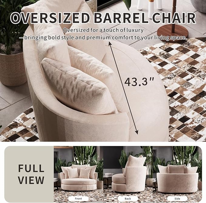54.9''W Oversized Accent Barrel Chair Upholstered Chenille Comfy Couch Sofa with 5 Pillows for Bedroom Living Room Apartment Studio Wheat.