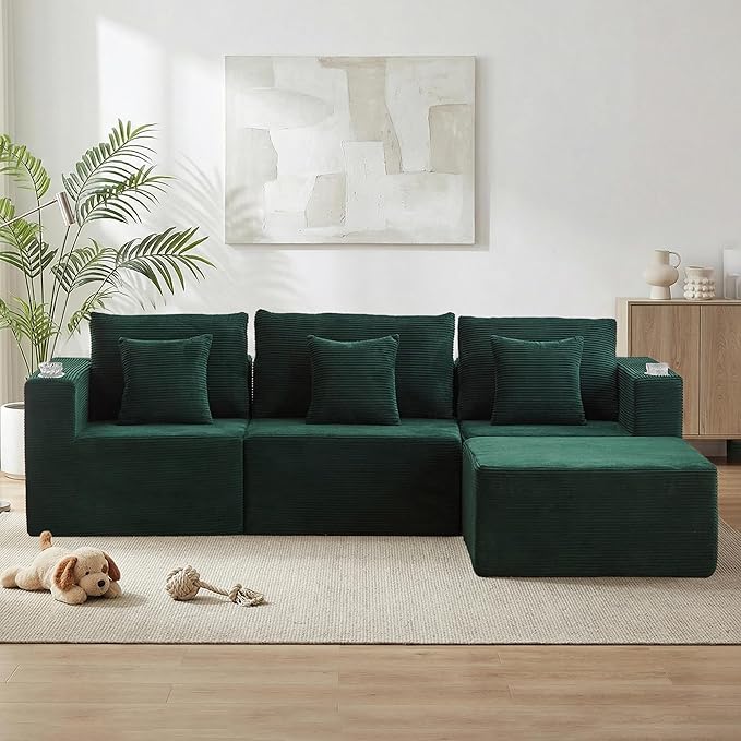WELAX 104 Modular Sectional Couches for Living Room Boneless Couch L-Shape with Cup Holders &amp Pillows Modern Corduroy Cloud Sofa 4 Seater Home Comfy Sofas for Bedroom Green