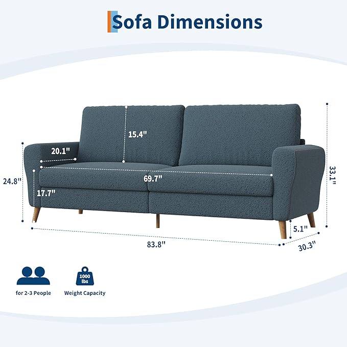 IDEALHOUSE 84 Inch Modern Sofa Couch Large 3-Seater Sofa with Streamlined Armrests Boucle Loveseat Wood Feet Comfy Couch for Living Room Apartment Lounge Dark Blue